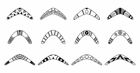 Traditional wooden boomerang of different shapes icons set isolated on white background. Australian native hunting and sport weapon. Aboriginal wooden boomerang icon. Vector illustration - obrazy, fototapety, plakaty