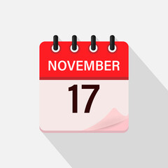 November 17, Calendar icon with shadow. Day, month. Flat vector illustration.