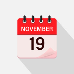 November 19, Calendar icon with shadow. Day, month. Flat vector illustration.