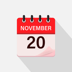 November 20, Calendar icon with shadow. Day, month. Flat vector illustration.