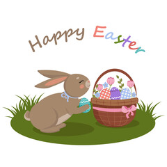 greeting card, banner, poster for Easter with an Easter bunny and a basket with flowers and Easter eggs
