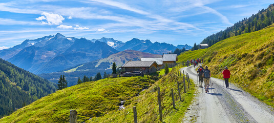 Schönes Bergpanorama mit Wanderer, im Salzburger Land, oberhalb von Wald im Pinzgau,  Österreich.