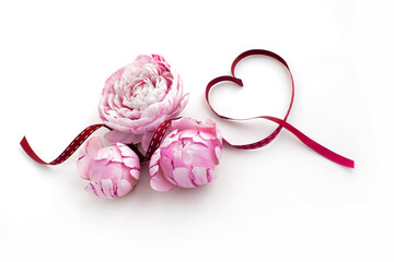 on a white background: red ribbon heart, beautiful pink peonies. valentine's day concept, gift for 8 march, congratulations on mother's day. congratulations on love.