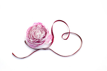 red ribbon heart, big pink peony on white background. valentine's day concept, gift for 8 march, congratulations on mother's day. congratulations on love.
