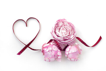 red ribbon heart, three beautiful pink peonies on a white background. valentine's day concept, gift for 8 march, congratulations on mother's day