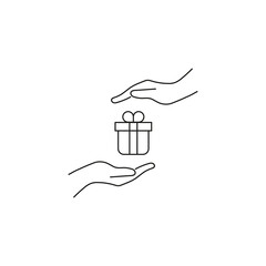 Present, charity, giving concept. Outline monochrome symbols drawn in flat style. Suitable for articles, advertisements, books etc. Line icon of giftbox between outstretched hands