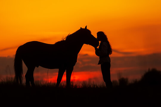 beautiful woman with long hair tenderly kisses her horse on the head at sunset
