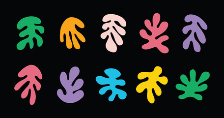 Obraz premium Colorful cute random abstract trendy leaves isolated icons design element set on black background