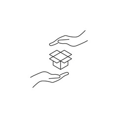 Present, charity, giving concept. Outline monochrome symbols drawn in flat style. Suitable for articles, advertisements, books etc. Line icon of opened box between outstretched hands
