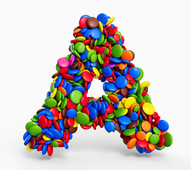 Letter A made of chocolate Rainbow Candies Pieces Alphabet (Letter A) 3d illustration