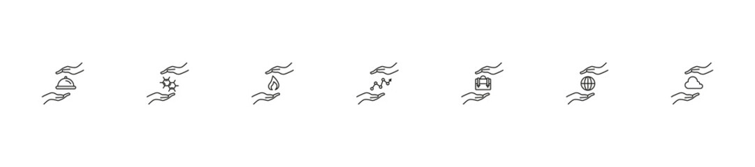 Give, charity, present concept. Modern monochrome outline signs drawn in flat style. Line icon set with icons of cloche, flame, progress line, suitcase, earth planet, cloud between outstretched hands