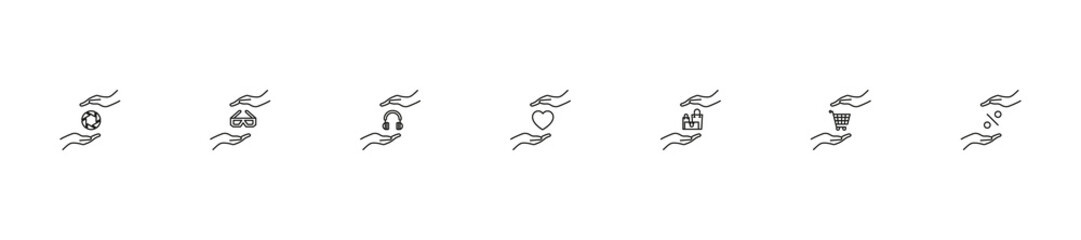 Give, charity, present concept. Modern monochrome outline signs drawn in flat style. Line icon set with icons of lens blade, 3d glasses, heart, bags, percent, shopping cart between outstretched hands