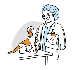 Vector illustration of a veterinarian treats a dog. Beagle. doctor. Pet Shop. Pets. Care. Scribble. hand drawing