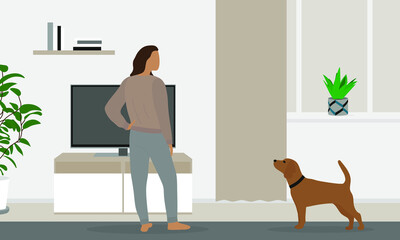 Female character in home clothes and dog together in the living room
