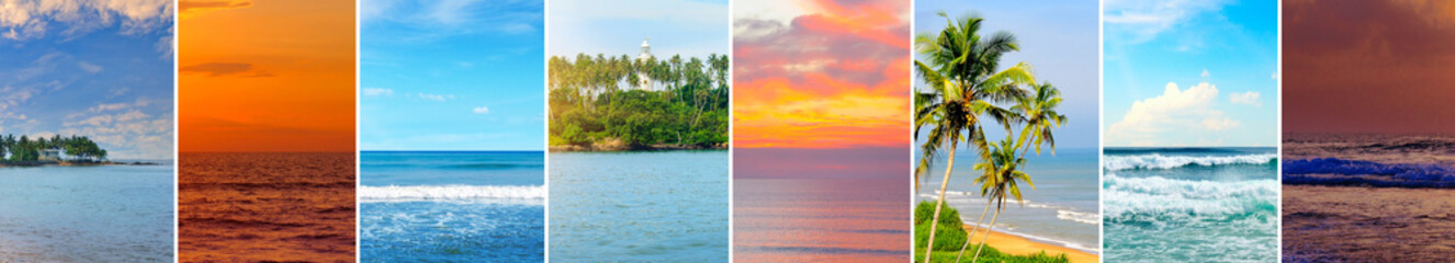 Panoramic view of tropical beaches and sky. Collage.Wide photo.