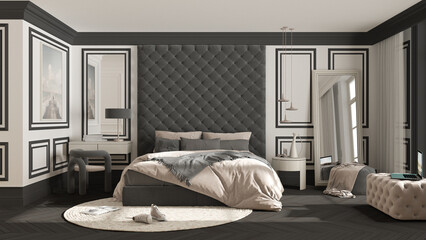 Classic bedroom in dark tones with modern furniture, parquet, velvet double bed, side tables, chair and pouf, mirror and pendant lamp, round carpet and decors. Interior design idea