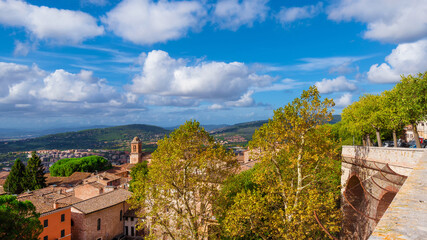 View of Perugia medieval historic center and Umbria countryside from city panoramic terrace