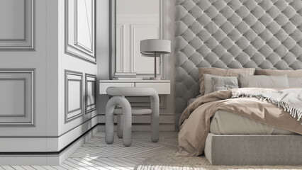 Architect interior designer concept: hand-drawn draft unfinished project that becomes real, classic bedroom close up, parquet, bed with pillows, table with chair. Interior design idea