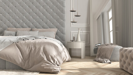 Classic bedroom in beige tones with modern furniture, close up, parquet, velvet double bed with...