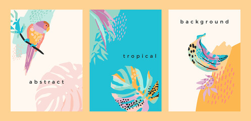 Collection of art backgrounds with abstract tropical nature. Modern design