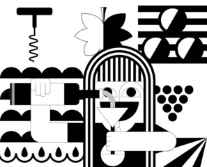 Modern wine concept banner in geometric style with happy girl and wine elements. Black and white vector background for wine branding, tasting, festival
