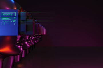 metaverse vr world simulation gaming cyberpunk style, digital robot ai, 3d illustration rendering, virtual reality device