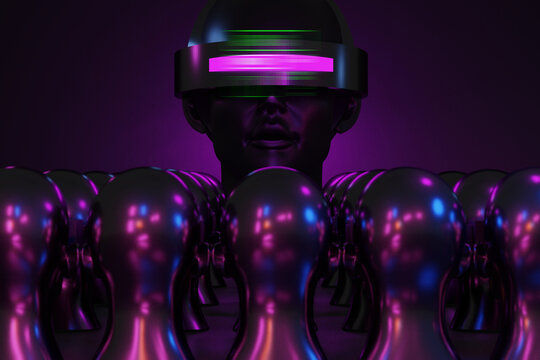 metaverse vr world simulation gaming cyberpunk style, digital robot ai, 3d illustration rendering, virtual reality device