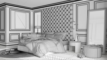 Unfinished project draft, classic bedroom with modern furniture, parquet, velvet double bed with pillows and duvet, side tables, pendant lamps, carpet and decors. Interior design idea