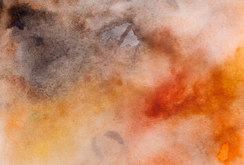 Warm brown, ocher yellow, natural orange and beige hand painted watercolor background.