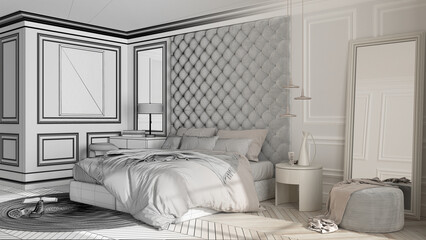 Architect interior designer concept: hand-drawn draft unfinished project that becomes real, classic bedroom with modern furniture, parquet, bed, tables, lamps, carpet. Interior design