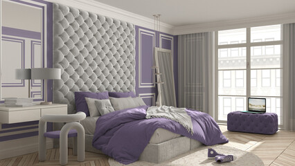 Classic bedroom in liliac tones with modern furniture, parquet, velvet double bed, pillows and duvet, big window, side table with chair, round carpet and decors. Interior design idea