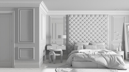 Total white project, classic bedroom hotel suite with velvet double master bed, parquet, molded walls, side table with chair, round carpet and decors. Interior design idea