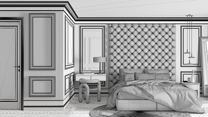 Unfinished project, classic bedroom hotel suite with velvet double master bed, parquet, molded walls, side table with chair, round carpet and decors. Interior design idea