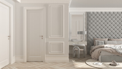 Classic bedroom hotel suite in beige tones with velvet double master bed, parquet, white doors, side table with chair, round carpet and decors. Interior design idea, relax concept