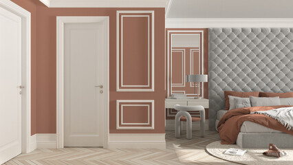 Classic bedroom hotel suite in orange tones with velvet double master bed, parquet, white doors, side table with chair, round carpet and decors. Interior design idea, relax concept