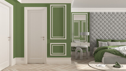 Classic bedroom hotel suite in green tones with velvet double master bed, parquet, white doors, side table with chair, round carpet and decors. Interior design idea, relax concept