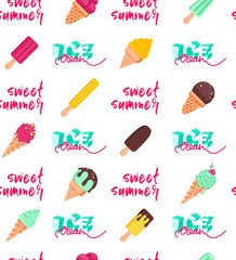 Vector seamless pattern with multicolor ice cream on white background. Frozen dessert background. Design for summer fashion textile print, wrapping paper, web backgrounds, cafe.
