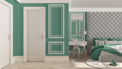 Classic bedroom hotel suite in turquoise tones with velvet double master bed, parquet, white doors, side table with chair, round carpet and decors. Interior design idea, relax concept