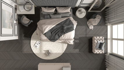 Classic bedroom in dark tones with modern furniture, parquet, velvet double bed, side tables, chair and pouf, mirror and carpet. Top view, plan, above. Interior design idea