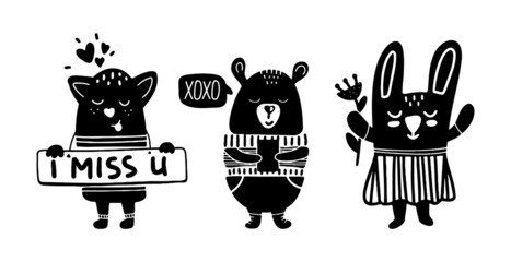 Black and white cute animals in Scandinavian style. Hand drawn vector illustration for posters, cards, t-shirts. Monochrome cat, bear, hare