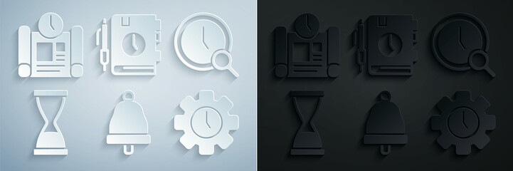 Set Ringing bell, Magnifying glass with clock, Old hourglass sand, Time Management, Daily paper notepad and Project time plan icon. Vector