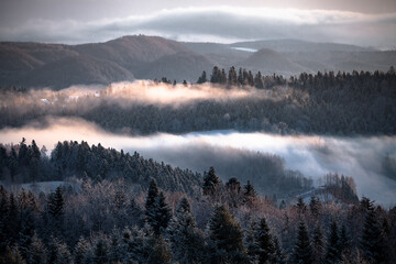 Misty hills in the wintry mood, Bieszczady Mountains, Poland