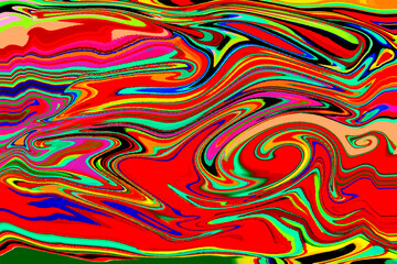 鮮やかな赤や緑や黄色などのサイケデリックな流れるようなアクリルのマーブリング