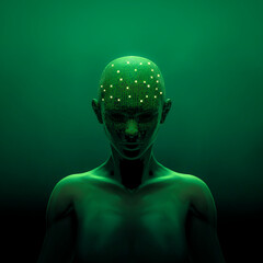 Artificial intelligence girl concept - 3D illustration of dark green female figure with computer circuit board covering head - 485390071