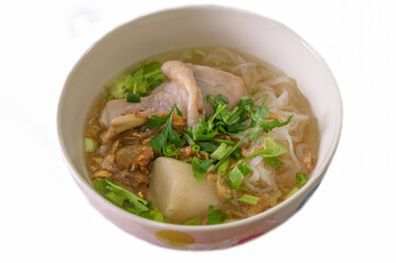 rice noodle with chicken in clear soup