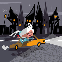 A happy girl is driving a car through the night city. Vector illustration.