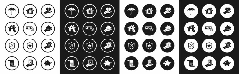 Fototapeta premium Set Life insurance in hand, Money with shield, House flood, Umbrella, Piggy bank, and Plane icon. Vector