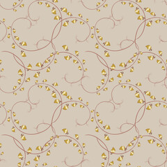 Trendy design in a flower. Abstract texture with scattered yellow buds and brown branches on a gray background. Repeating pattern for fashion prints, packaging, decor, wallpaper, fabrics