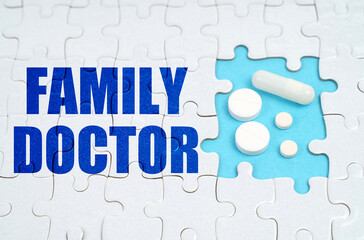 On the puzzles there is an inscription - FAMILY DOCTOR, on a blue background pills.