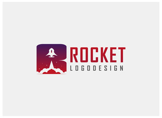 Abstract Initial Letter R Rocket Logo. Purple and Red Gradient Letter R with Rocket Icon Negative Space isolated on Gray Background. Usable for Business, Branding, Identity and Technology Logos. 
